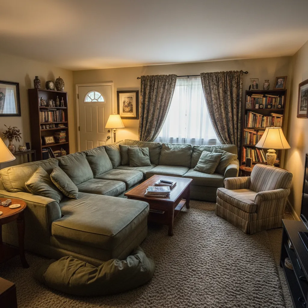 Espacio interior mal distribuido con muebles desproporcionados