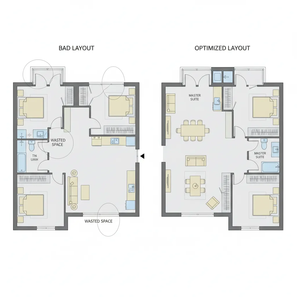 Comparación visual entre plano de casa mal distribuido y plano optimizado