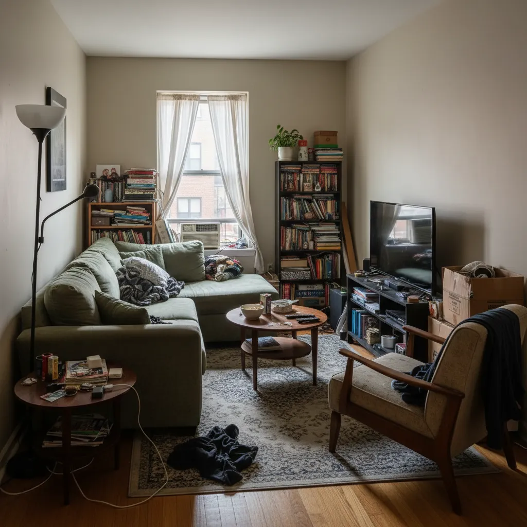 Salón pequeño con mala distribución de muebles