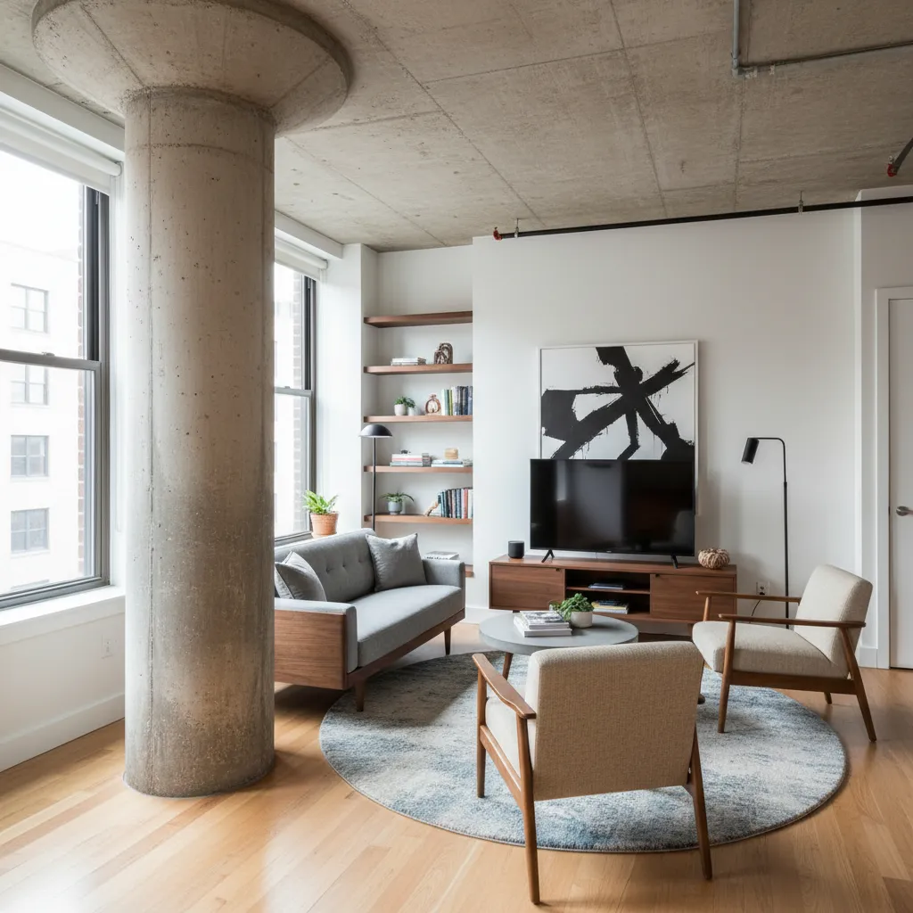 Apartamento pequeño con distribución complicada y pilares estructurales visibles