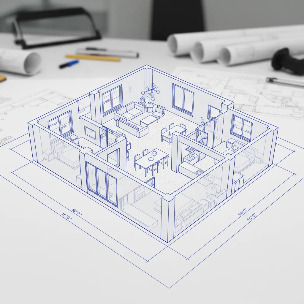 Blue 3D interior design drawing showing a house layout with furniture on a white table