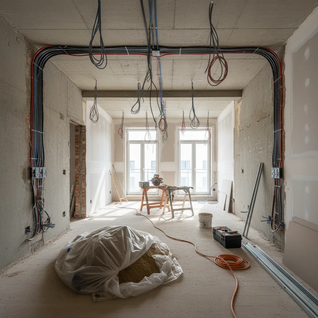 Instalaciones eléctricas expuestas durante una rehabilitación interior