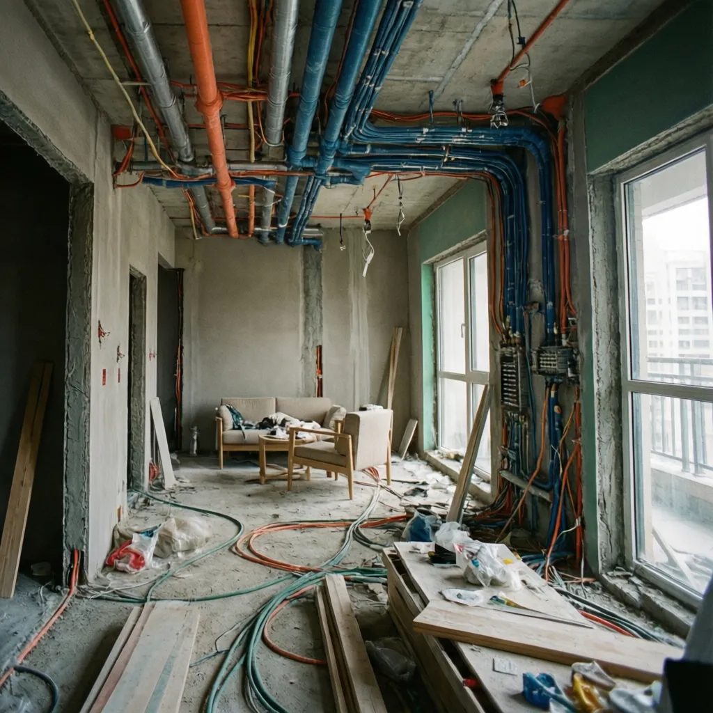 Detalle de instalaciones y estructura visible durante una reforma de vivienda