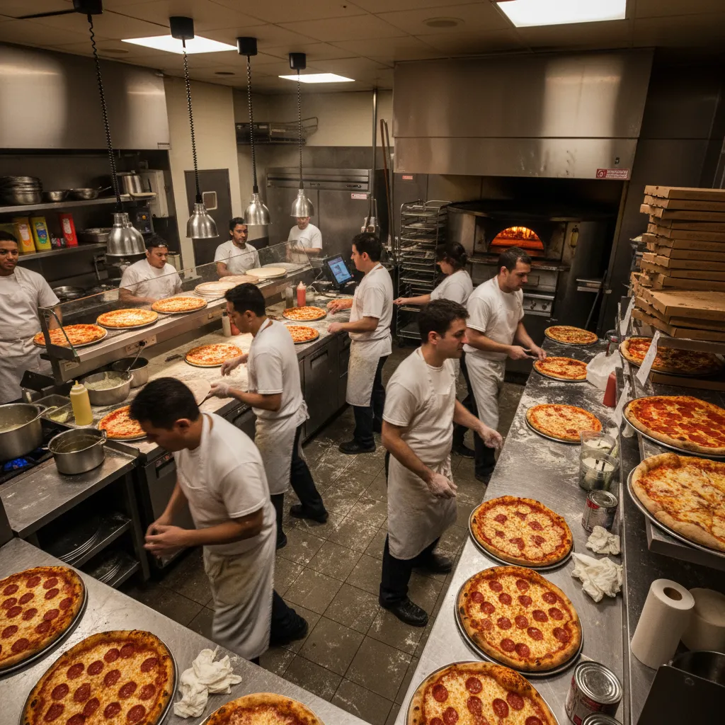 cocina de pizzería con flujo de trabajo desordenado y personal confundido