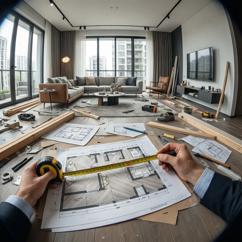 Diseñador revisando planos de reforma en un apartamento real