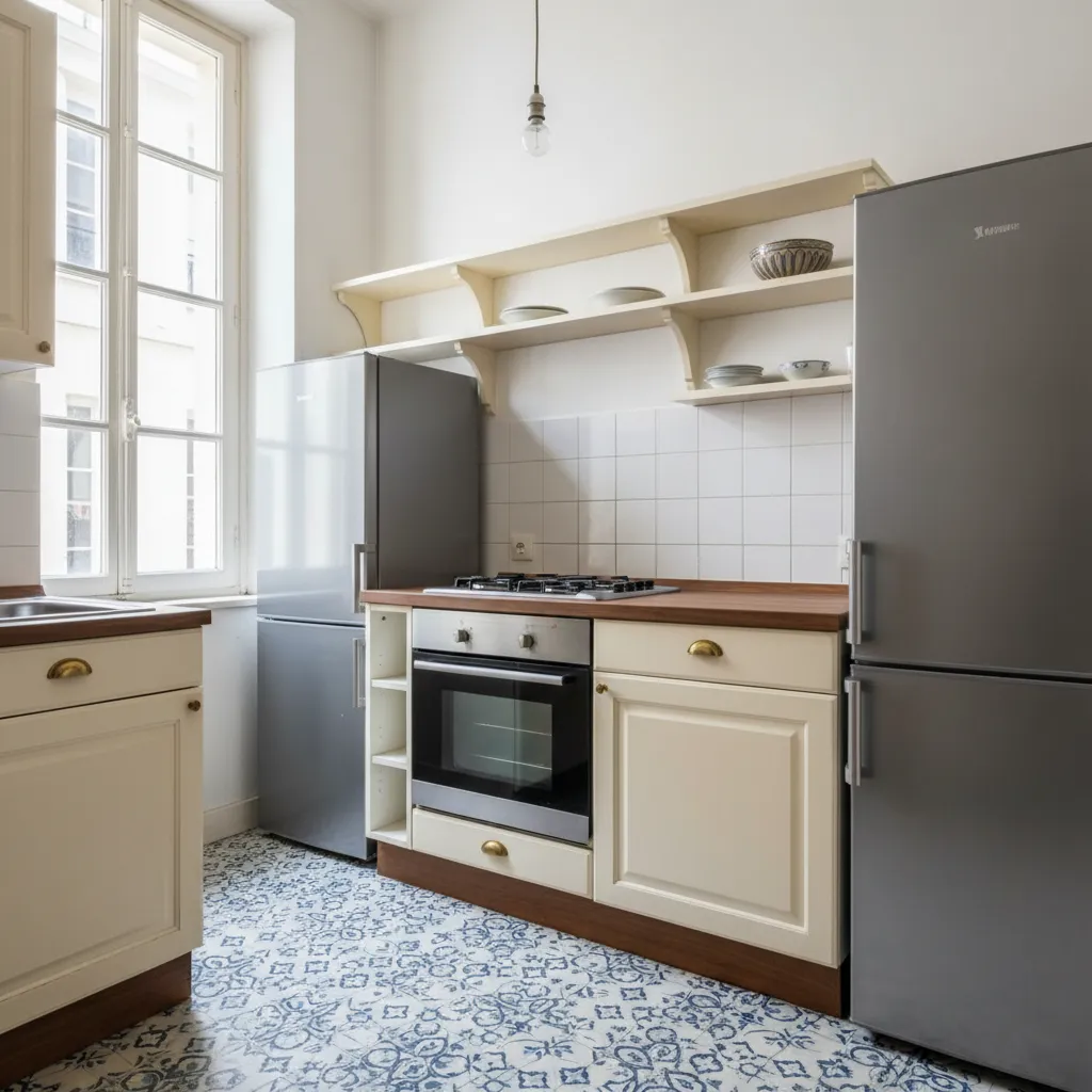 Kitchen interior with white cabinets, wooden countertop, stove, oven, two silver refrigerators, and patterned tiles