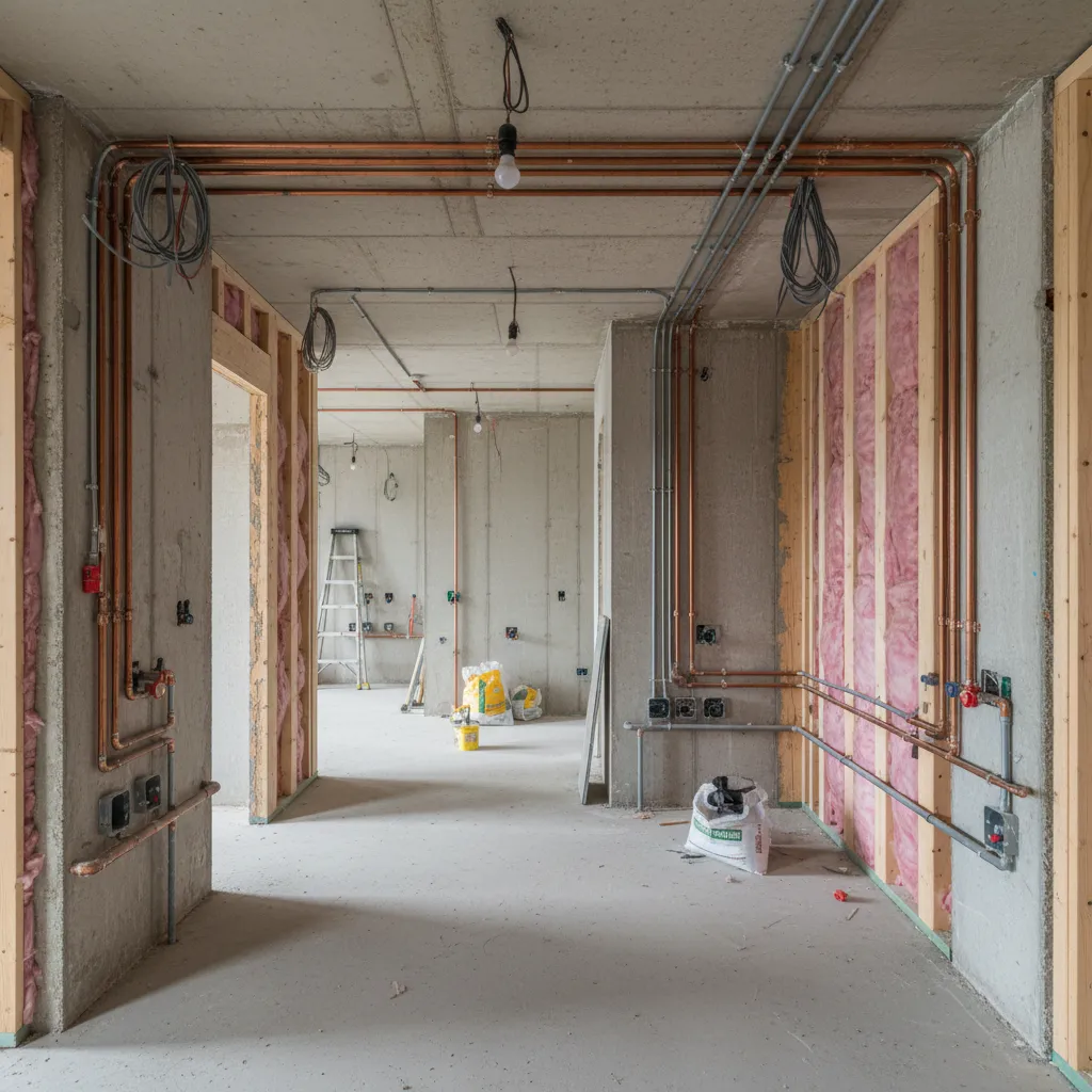 Detalle de instalaciones y estructura durante una reforma interior