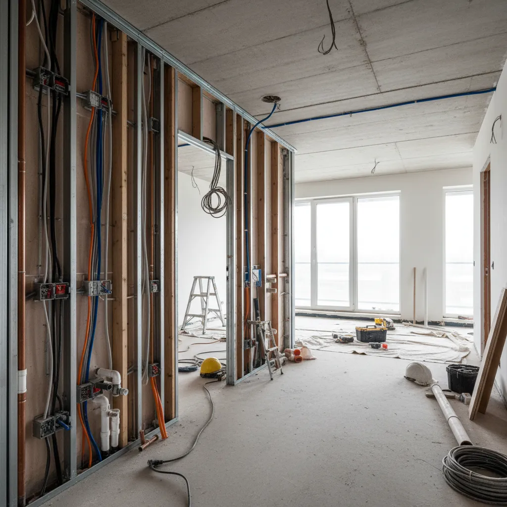 Reforma con instalaciones visibles antes de cerrar paredes