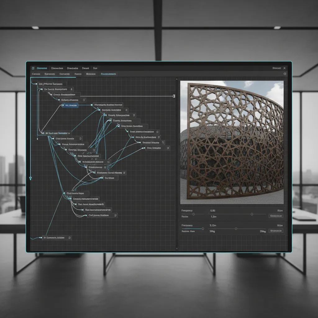 parametric node system generating procedural jali lattice pattern in 3D software