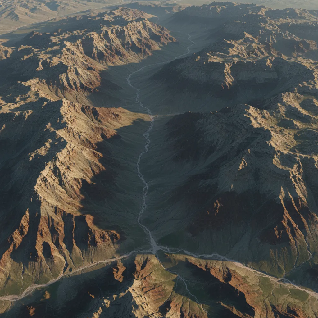 procedurally generated mountainous terrain created with noise algorithms