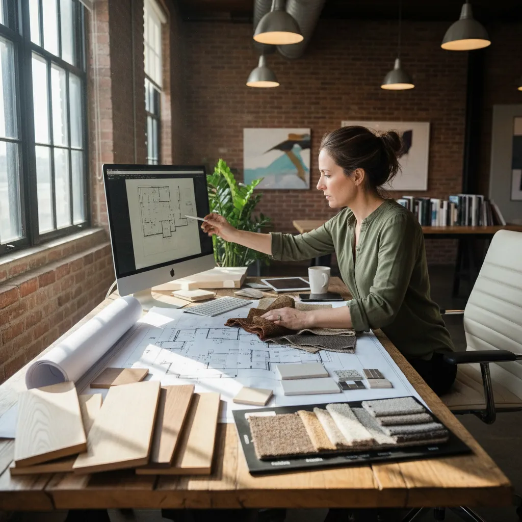 Diseñador revisando muestras de materiales y planos de interiores