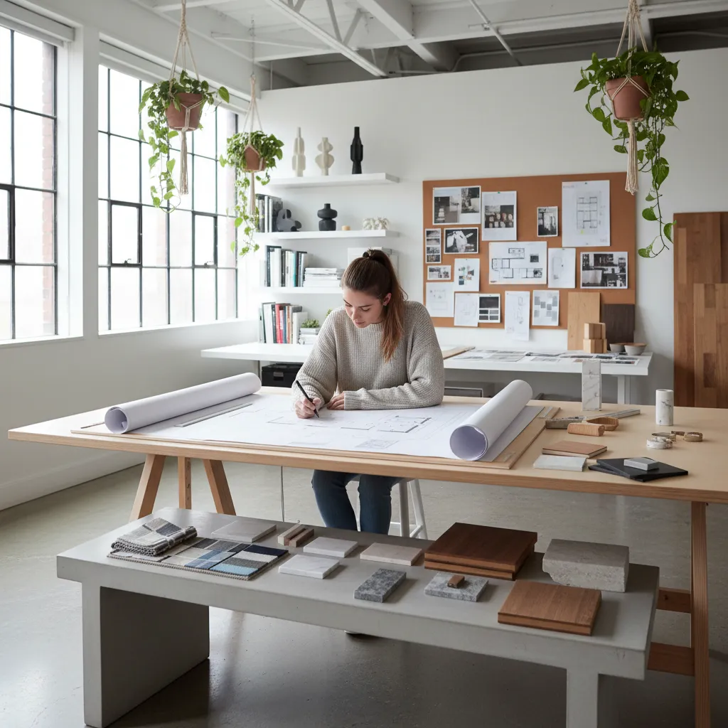 Woman drawing on a large floor plan paper in a bright interior design studio office