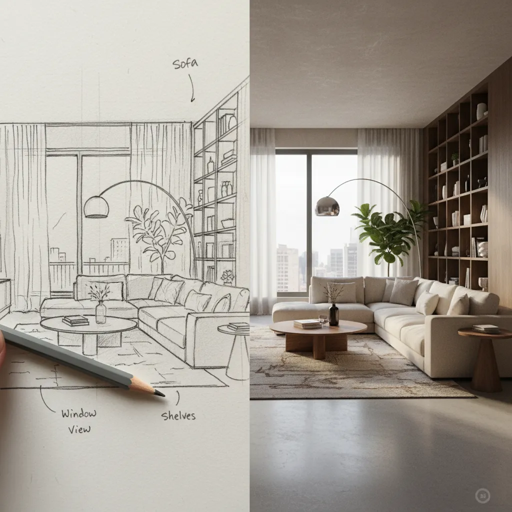 Comparación entre boceto de interior y modelo digital 3D