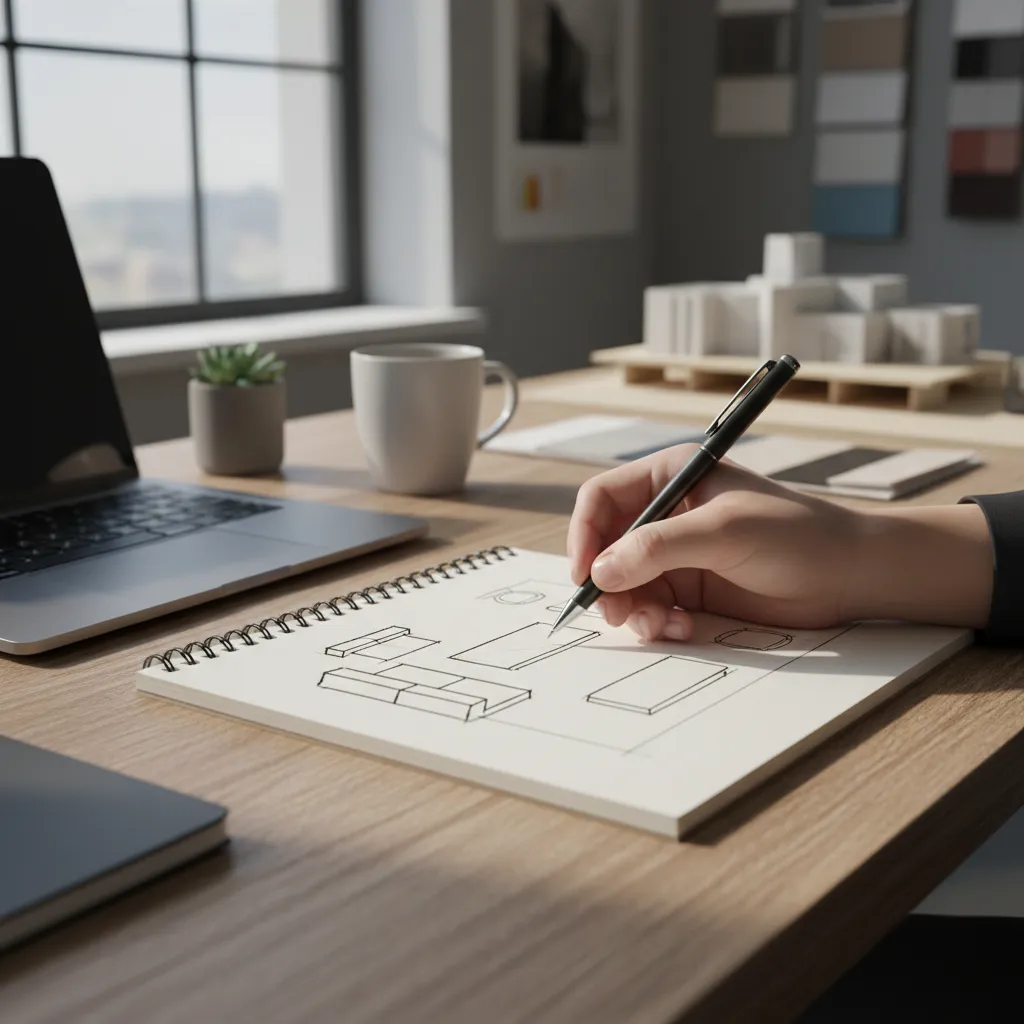 Proceso de dibujo rápido de un interior en papel