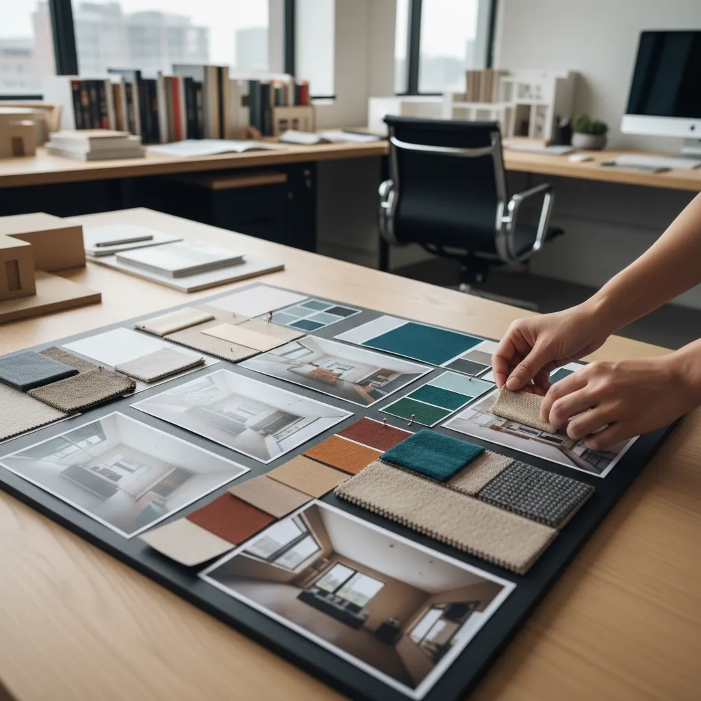 Diseñador de interiores organizando imágenes y materiales en un panel creativo