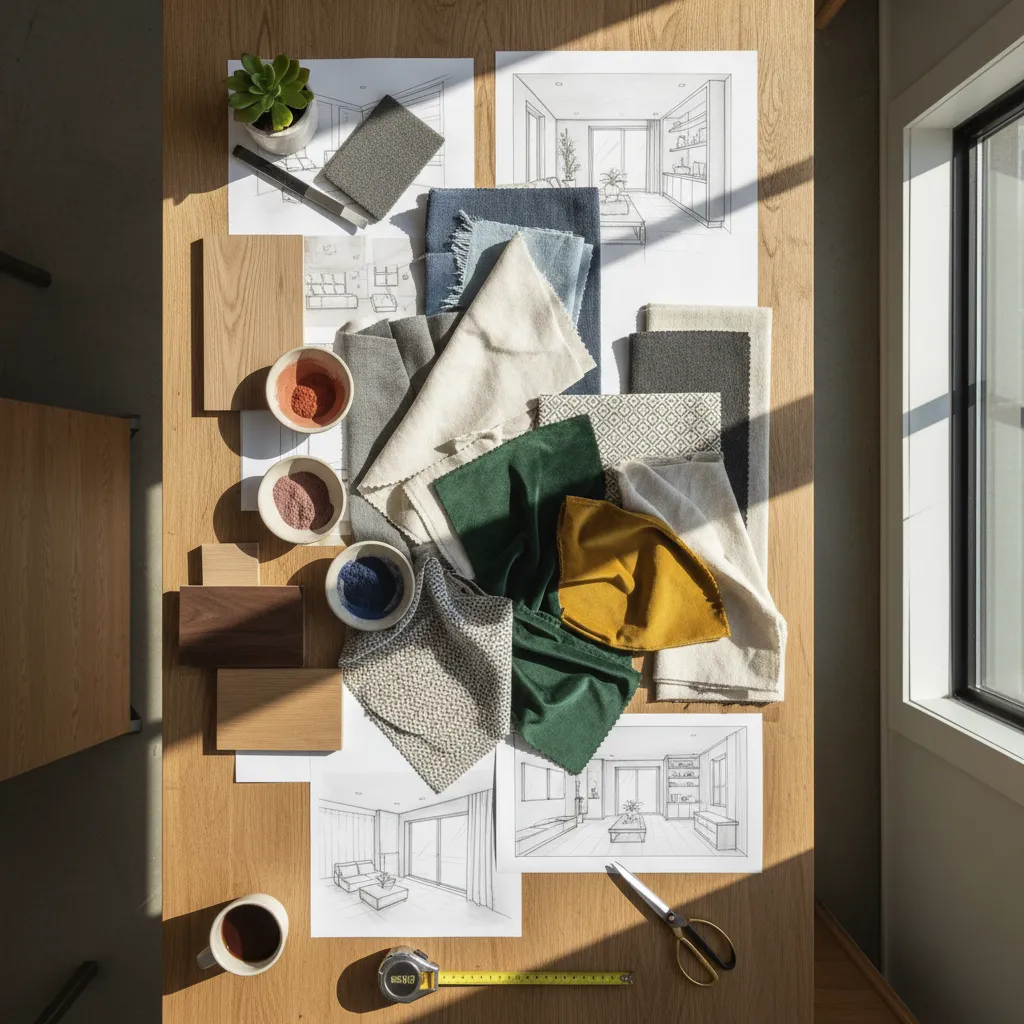 Proceso creativo con moodboard, materiales y planos de diseño interior