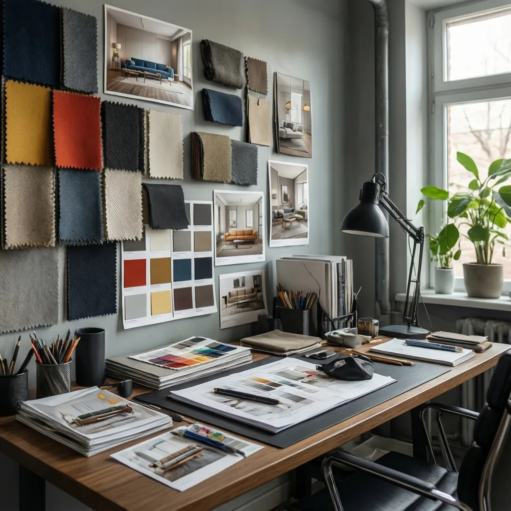 Diseñador de interiores trabajando en moodboard con muestras de materiales y paleta de colores