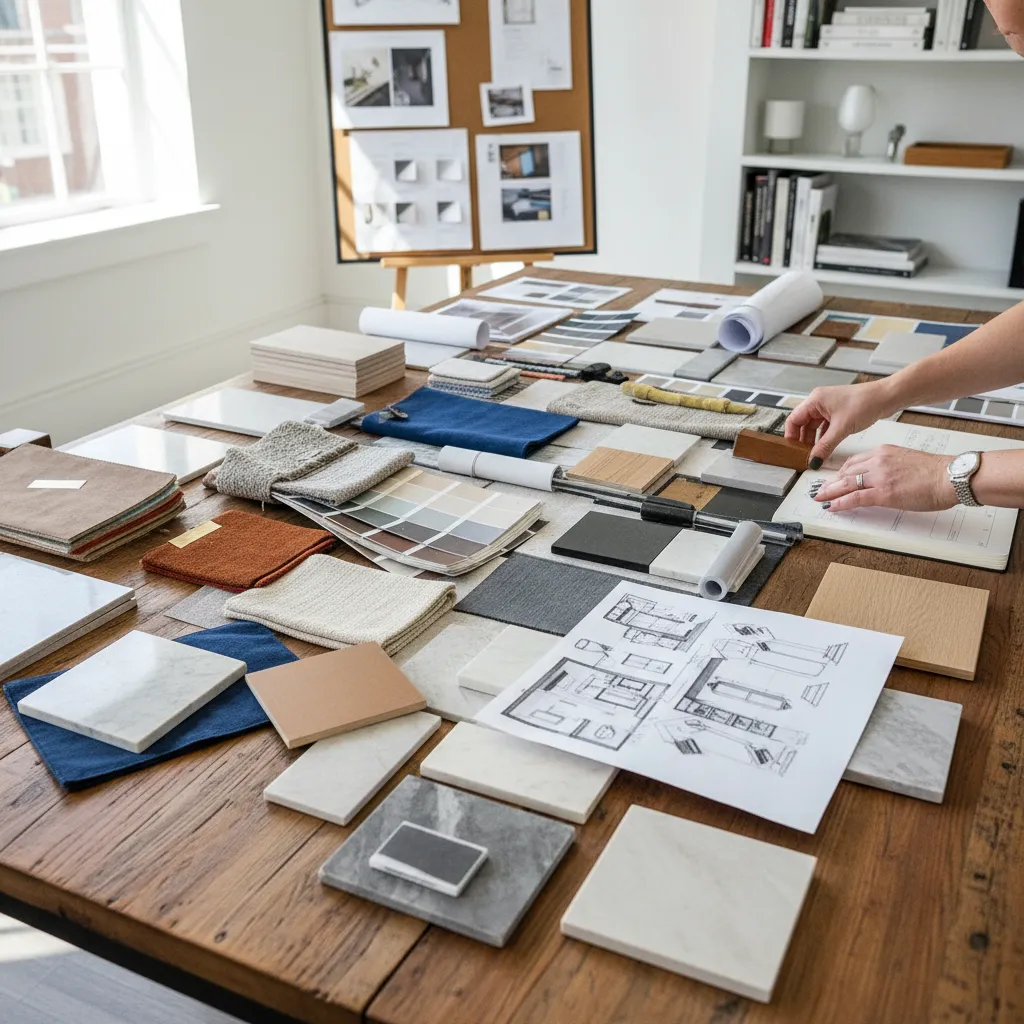 Proceso creativo de diseño de interiores con muestras de materiales