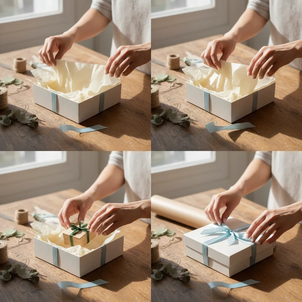 Hands wrapping a gift box with blue ribbon and tissue paper on a wooden table