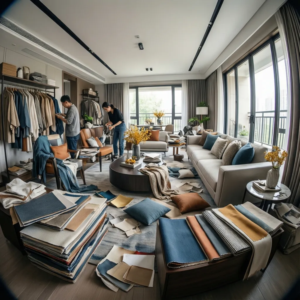 Proceso de decoración con selección de muebles y textiles en una sala