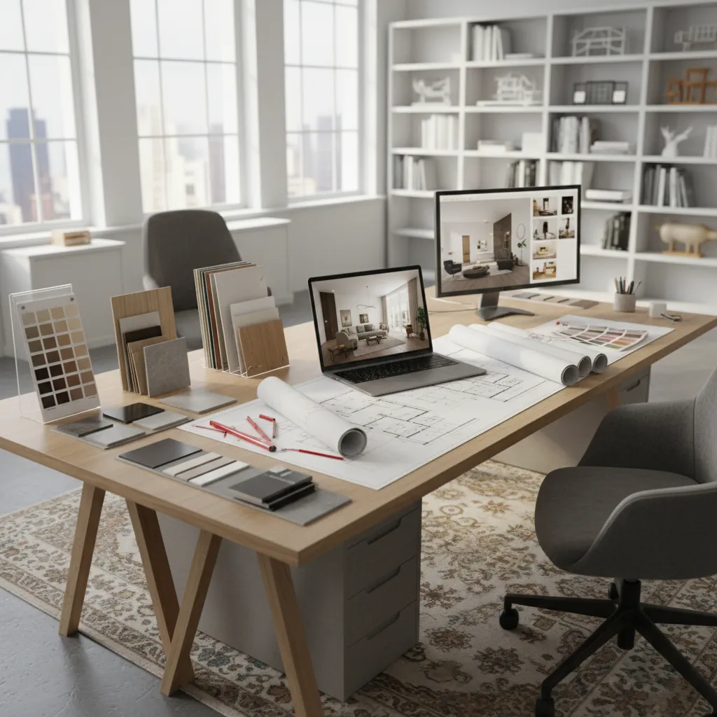 Interior design desk with laptop computer screen floor plan drawings color samples and office chairs