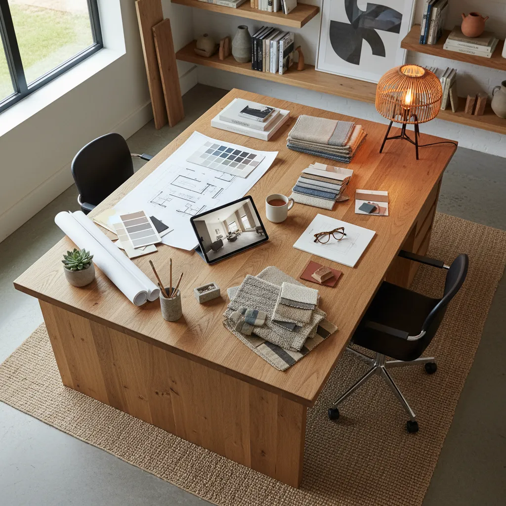 Proceso de decoración de un salón con muestras de materiales y planos