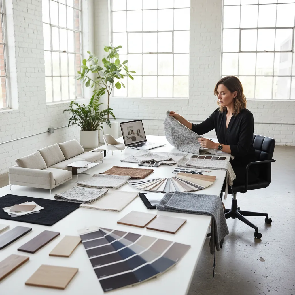 Proceso de decoración de un salón con muestras de colores y muebles