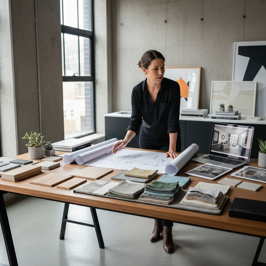 Interior designer reviewing room layout plan with material samples and laptop in modern studio office space