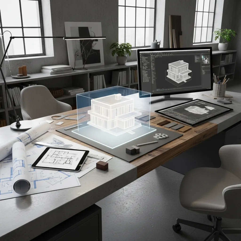 Proceso de diseño arquitectónico con planos, tablet y modelo digital