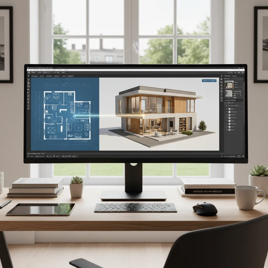 pantalla con plano de casa evolucionando a modelo 3D