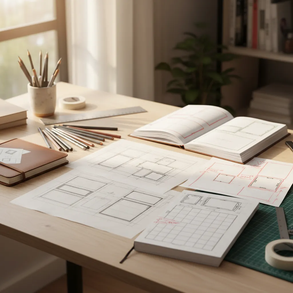 Wooden desk with floor plan sketches, pencils, ruler, notebooks, and natural light from a window