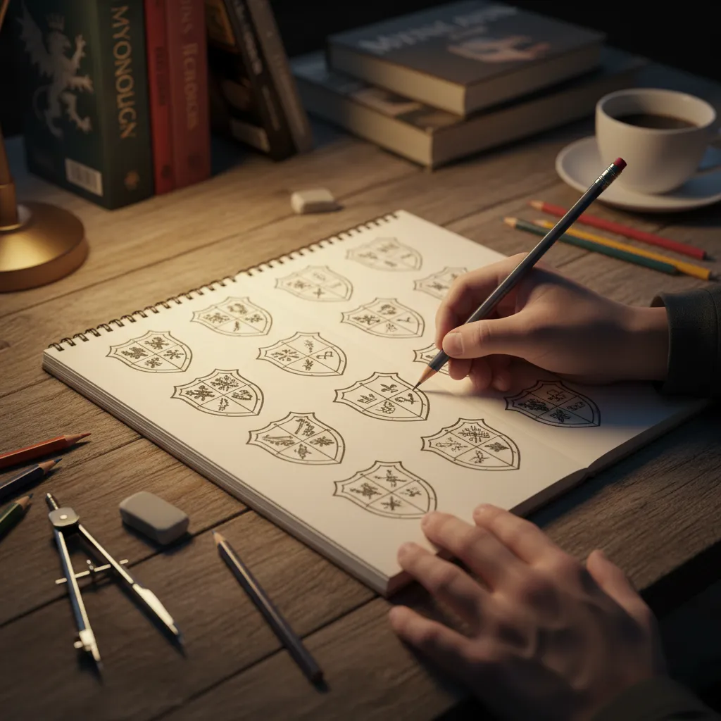 Proceso de diseño de un escudo de casa en boceto