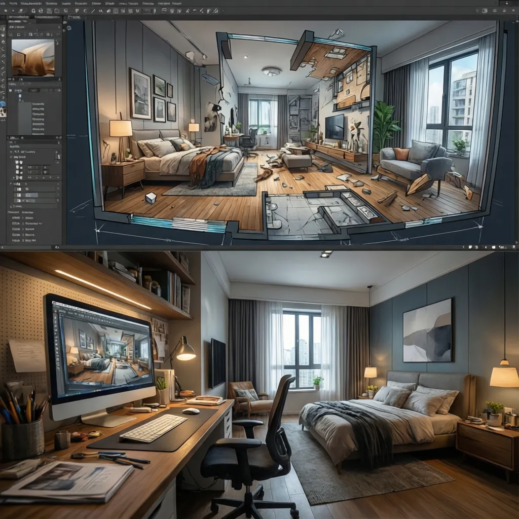 proceso paso a paso de diseño de habitación en software 3D