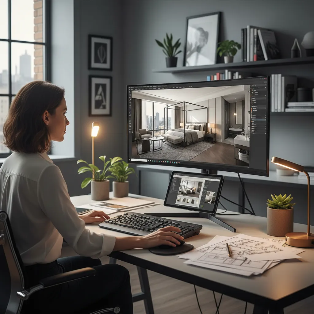 Visualización 3D de diseño interior de hotel en ordenador