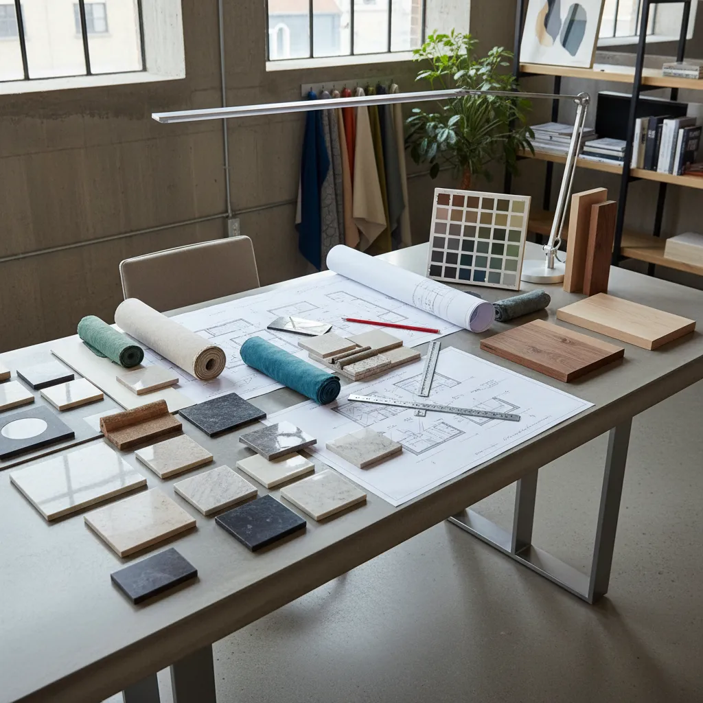 mesa de trabajo con muestras de materiales, planos y paletas de color
