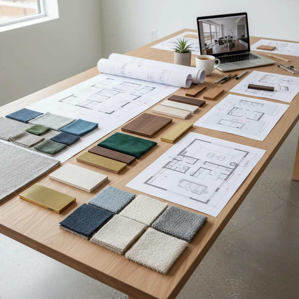 Proceso de diseño de interiores con muestras de materiales y planos