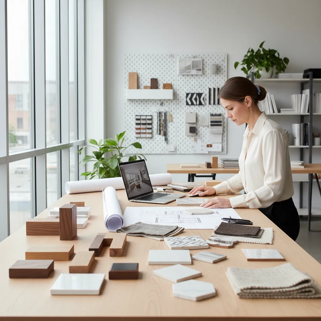 Diseñador de interiores trabajando con muestras de materiales y planos