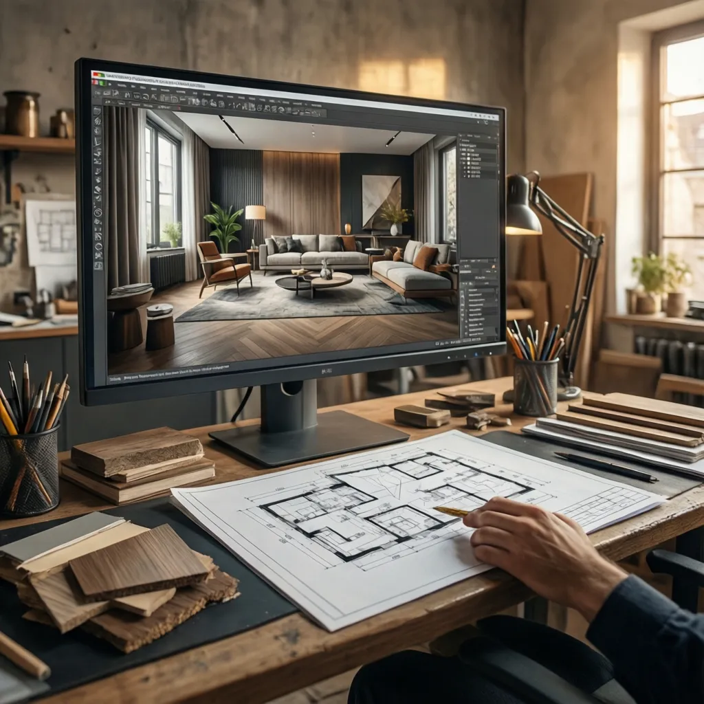 Diseñador revisando planos y visualizaciones en un estudio de interiorismo