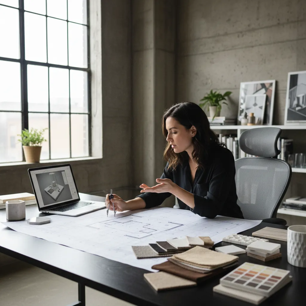 Female interior designer working on a floor plan with a compass, laptop, and material samples