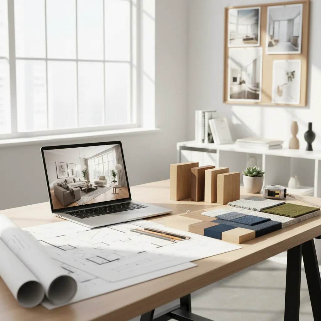 Desk with laptop showing room design near floor plan drawings and various fabric material samples