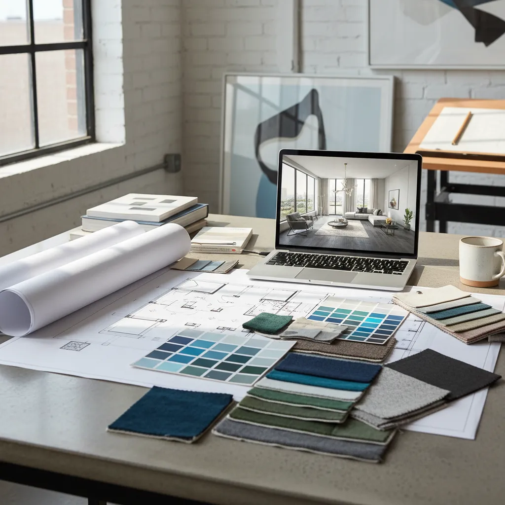 Proceso de diseño de interiores con planos, muestras de color y ordenador