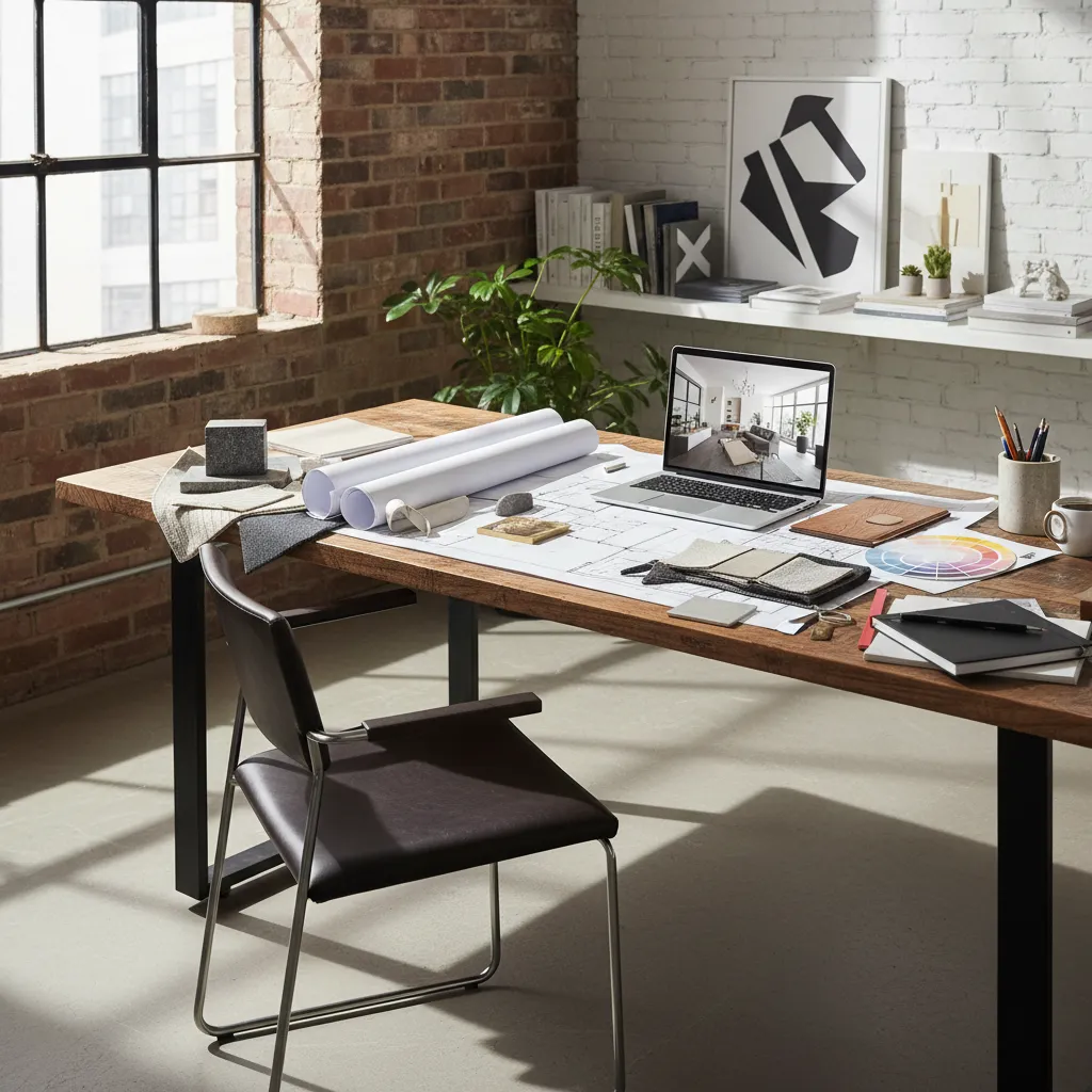 Diseñador revisando planos y materiales de interiorismo sobre una mesa de trabajo