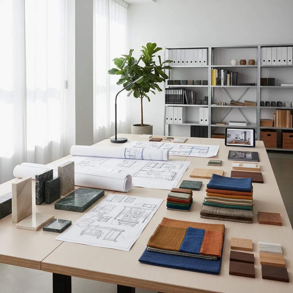Mesa de trabajo con bocetos, muestras de materiales y planos de diseño interior