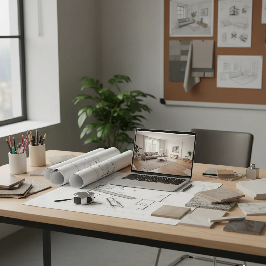 Proceso de diseño interior con planos, portátil y muestras de materiales sobre una mesa de trabajo