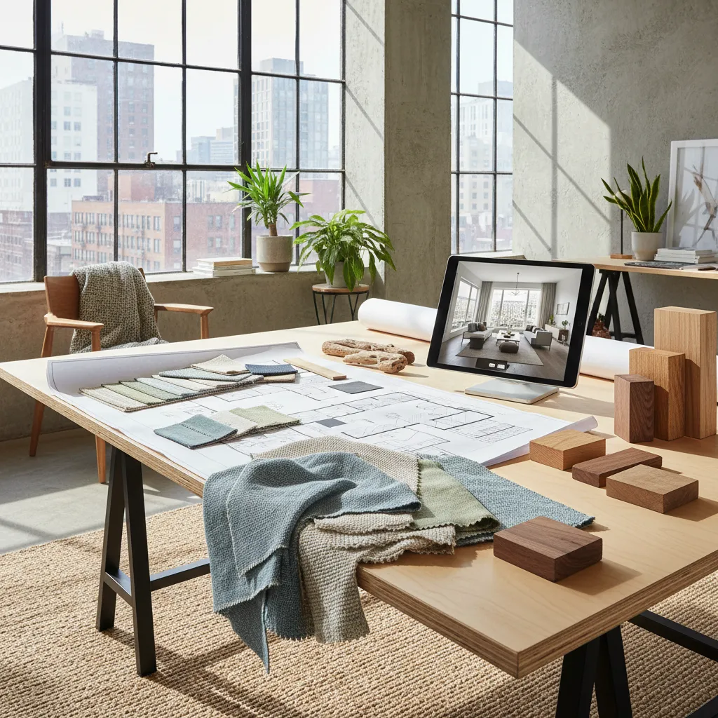 Wooden desk featuring a floor plan with fabric samples and a tablet showing interior design