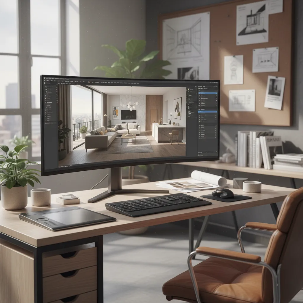 Pantalla de ordenador mostrando un modelo 3D de un apartamento en proceso de diseño