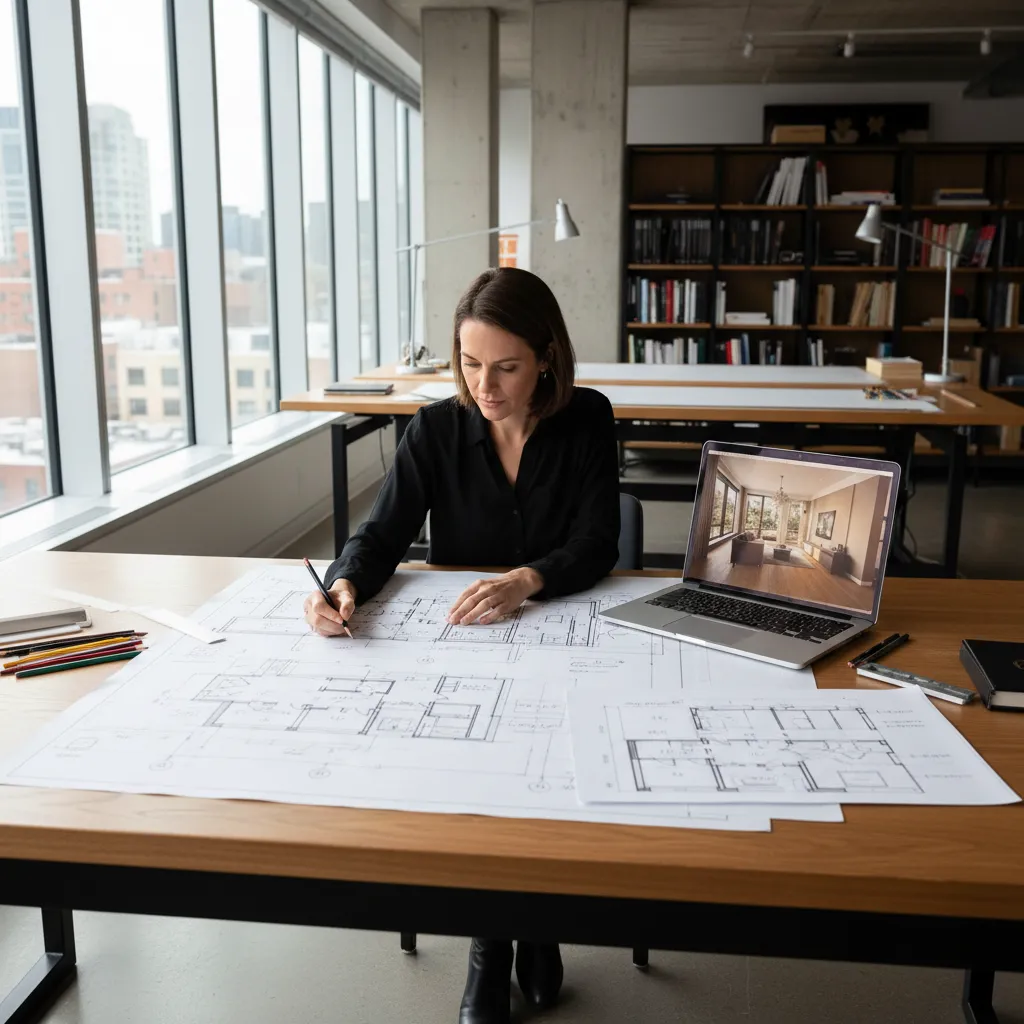 Arquitecto revisando planos y diseño interior en estudio de arquitectura