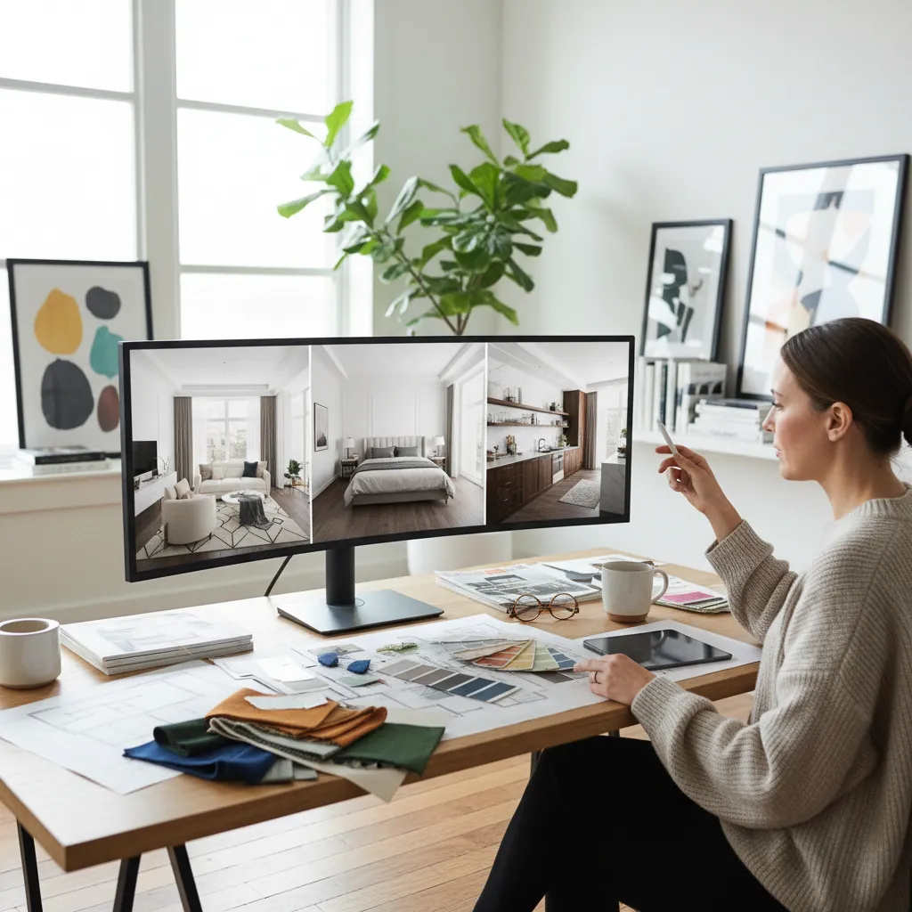 Diseñador revisando diferentes layouts de interior en computadora