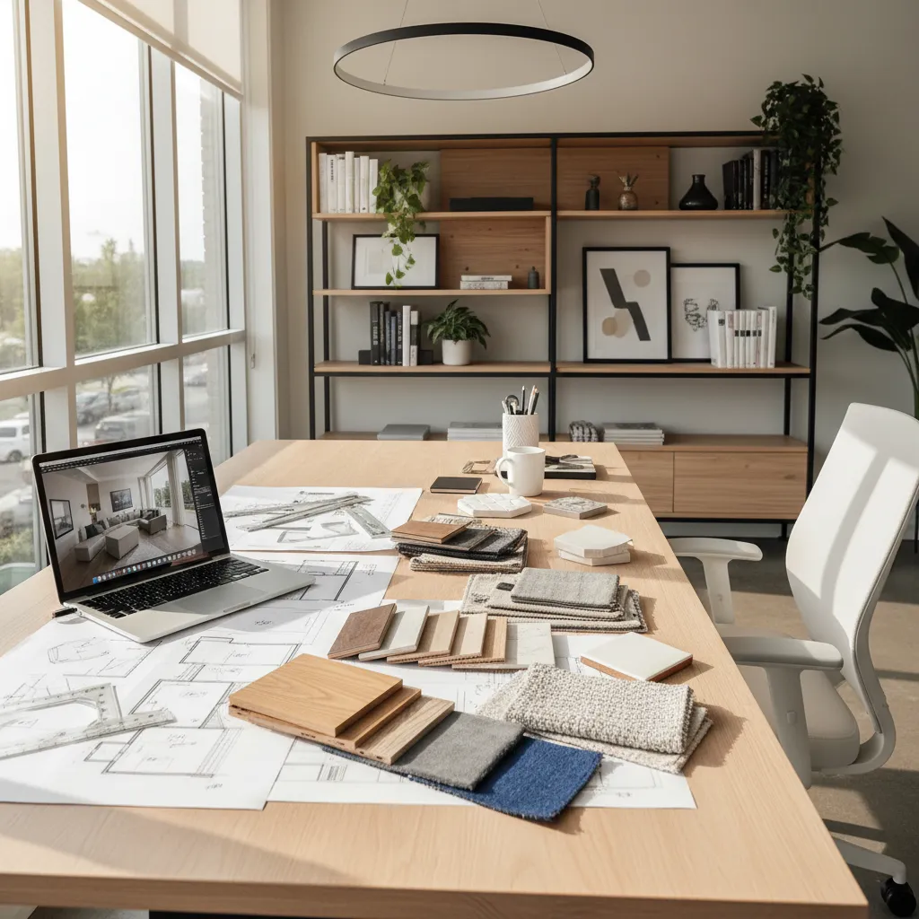 Diseñador trabajando en computadora con planos y muestras de materiales