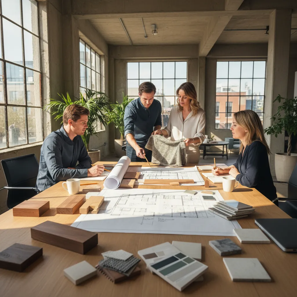 Equipo de interioristas revisando planos y muestras de materiales en una mesa de trabajo